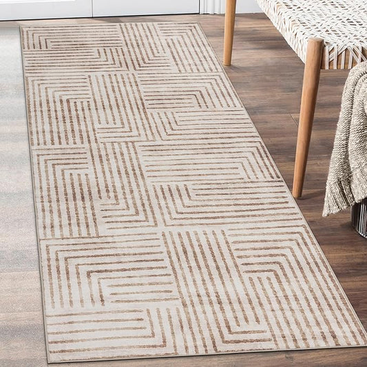 ReaLife Rugs Machine Washable Area Rug Runner - Living Room Bedroom Bathroom Kitchen Entryway Office - Non-Slip Baking Low Pile Stain Resistant Premium - Modern Geometric - Finn - Beige 2'6" x 6'