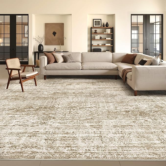 8x10 Area Rugs for Living Room, Non-Slip Backing Large Washable Rug for Nursery Room, Vintage Abstract Bedroom Rugs, Thin Indoor Home Decor Soft Farmhouse Rug (8'x10', Brown/Ivory