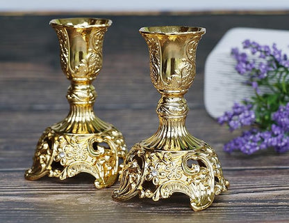 Taper Candle Holders with Deluxe Engraved Design, Set of 2 Premium Candlestick Holders in Gold
