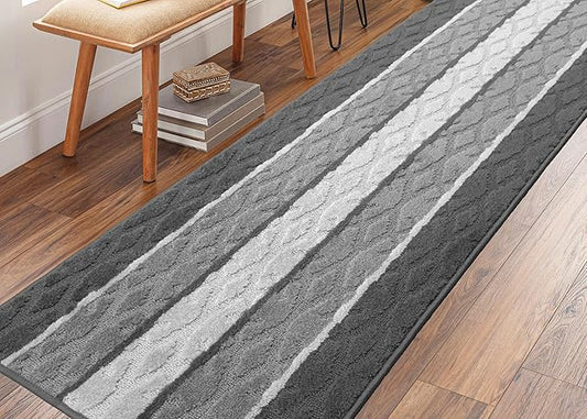 Custom Size Hallway Runner Rug, Slip Resistant, 26 Inch Wide x Your Choice of Length Size, Damask Anthracite, 26 Inch X 17 Feet, Sold and Priced Per Foot