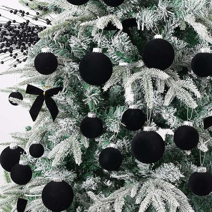 Velvet Christmas Ball Ornaments Set-46pcs Flocked Shatterproof Christmas Tree Decorations Plastic Xmas Decorative Hanging Ornaments for Xmas Holiday Home Decor,3 Sizes(Black)