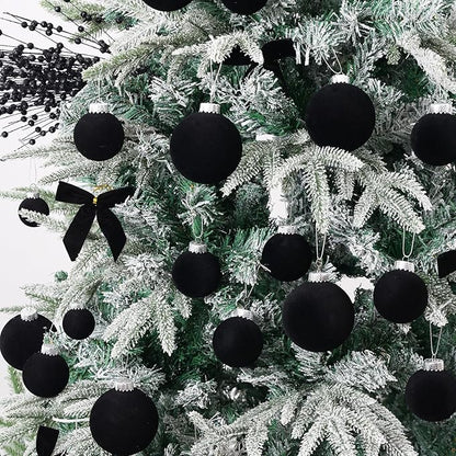 Velvet Christmas Ball Ornaments Set-46pcs Flocked Shatterproof Christmas Tree Decorations Plastic Xmas Decorative Hanging Ornaments for Xmas Holiday Home Decor,3 Sizes(Black)