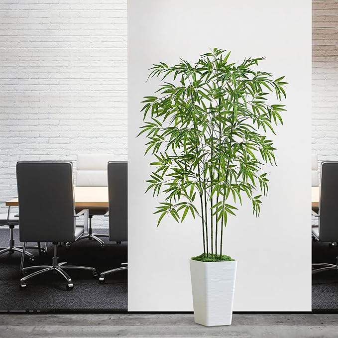 Artificial Bamboo Tree 5FT Tall Fake Plants Faux Bamboo Plant with White Tall Planter, Artificial Fake Trees Silk Plant with 5 Trunks and Lifelike Leaves for Home Office Indoor Outdoor Decor