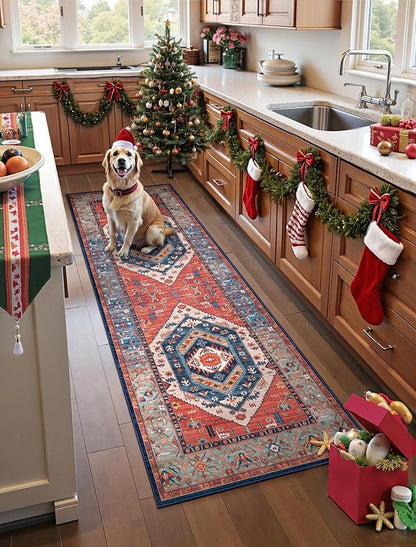 SERISSA Boho Washable Runner Rug, 2x6 Rug Runner Non-Slip Vintage Rust Hallway Kitchen Runner Rug Ultra Soft Print Distressed Tribal Floor Carpet Runner for Bedroom Bathroom Laundry Living Room