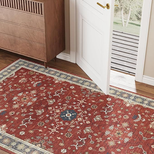 3x5 Area Rug for Entryway, Small Red Boho Washable Rug, Soft Modern Low Pile Indoor Doormat, Carpet for Bedroom Bedside Living Room Bathroom Playroom Kitchen Dining Room Laundry, Red/Gold