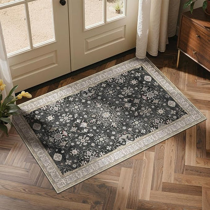 GENIMO 5x7 Area Rugs for Living Room,Machine Washable Non-Slip Vintage Rug, Low Pile Lightweight Carpet for Bedroom, Dining Room, Home Office, Stain & Fade Resistant,Black