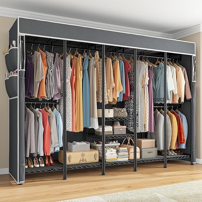 Raybee 90.6" W Clothes Rack with Cover Heavy Duty Clothing Racks for Hanging Clothes Portable Closet Loads 1200LBS Freestanding Garment Rack for Bedroom, Black
