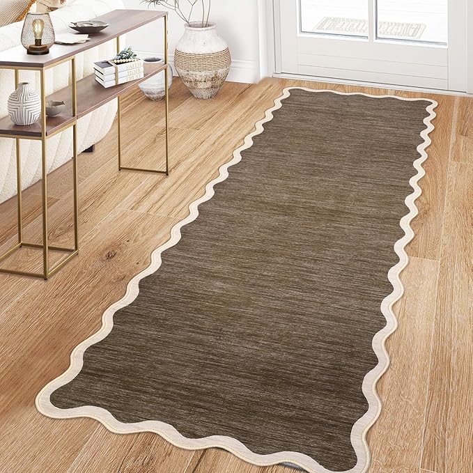GarveeHome Scalloped Washable Runner Rugs 2x6 Rug Runner Modern Non Slip Kitchen Rugs Indoor Entryway Rug Farmhouse Soft Bath Mat Stain Resistant Carpet for Bedroom Hallway Laundry 2'x6' Dark Brown