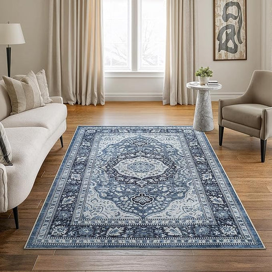 Bloom Rugs Caria Washable Non-Slip 5x7 Rug - Blue Traditional Area Rug for Living Room, Bedroom, Dining Room, and Kitchen - Exact Size: 5' x 7'