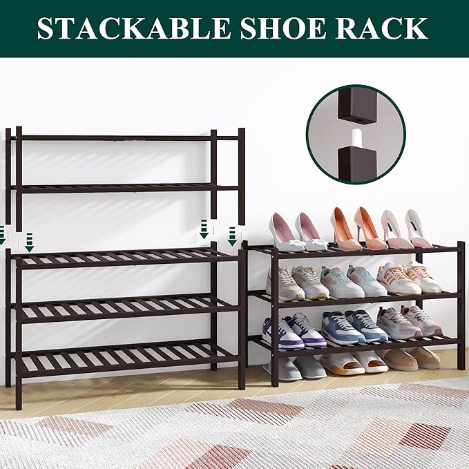 Smiry Bamboo Shoe Rack for Closet, 6 Tier Wooden Stackable Shoe Organizer, Free Standing Shoes Storage Shelf for Entryway, Front Door Entrance, Brown