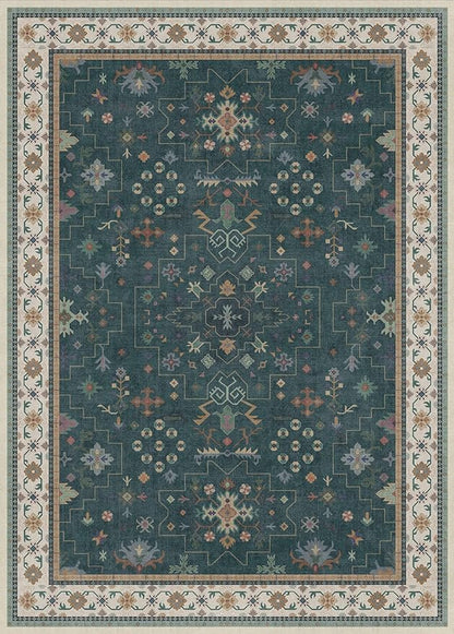 Dark Green Oushak Living Room Rug 10x14 - Modern Vintage Boho Eclectic Floral Pastel, Washable Low Pile Non-Slip Extra Large Area Rugs for Dining Under Table Bedroom Lounge