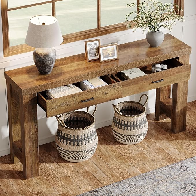 Tribesigns 63" Console Table with 2 Drawers, Farmhouse Entryway Table with H-Shaped Sturdy Legs for Hallway, Living Room, Brown