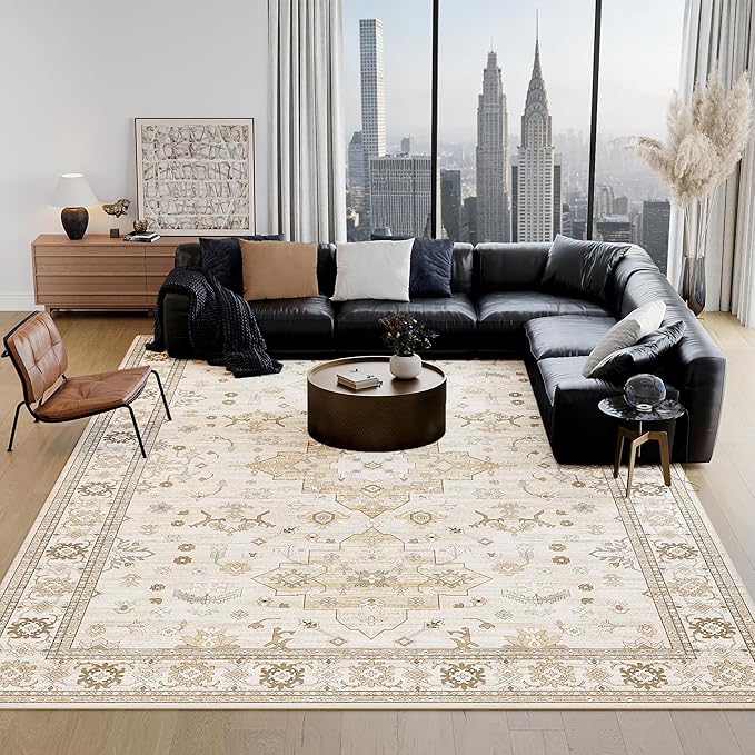 Large Rugs for Living Room, 8x10 Beige Washable Rug for Bedroom, Soft Boho Indoor Carpets, Big Modern Kids Room Rug, Non-Slip Low Pile Mat for Office Home Dining Room Christmas Decor,Beige/Gold