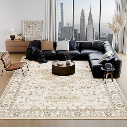 Large Rugs for Living Room, 8x10 Beige Washable Rug for Bedroom, Soft Boho Indoor Carpets, Big Modern Kids Room Rug, Non-Slip Low Pile Mat for Office Home Dining Room Christmas Decor,Beige/Gold