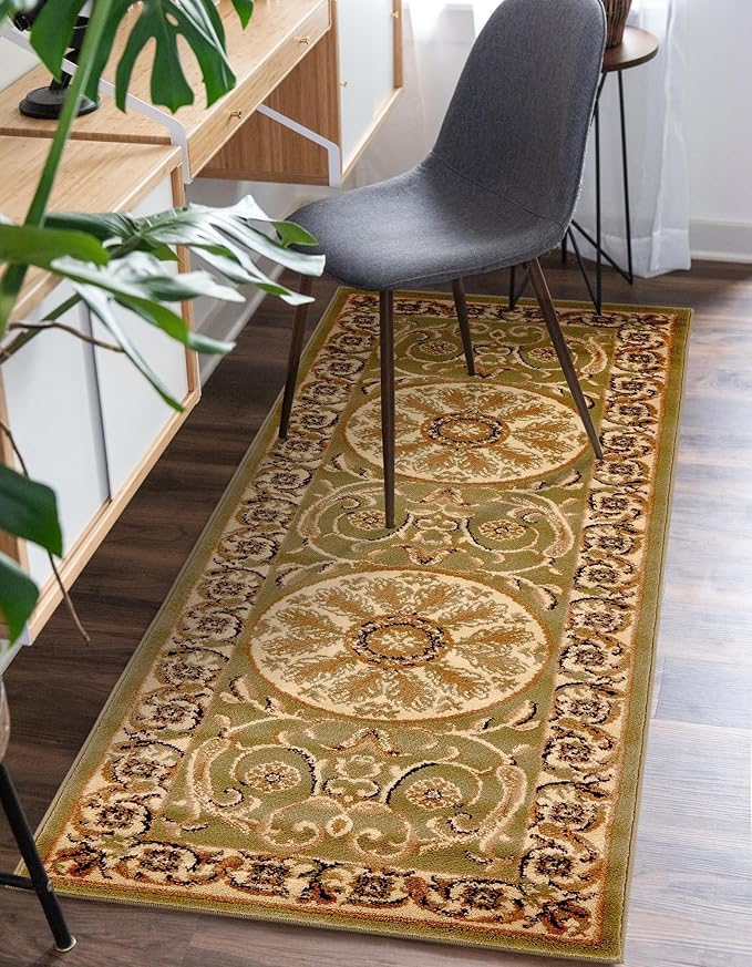 Rugs.com Chateau Collection Rug – 10 Ft Runner Light Green Medium-Pile Rug Perfect for Hallways, Entryways