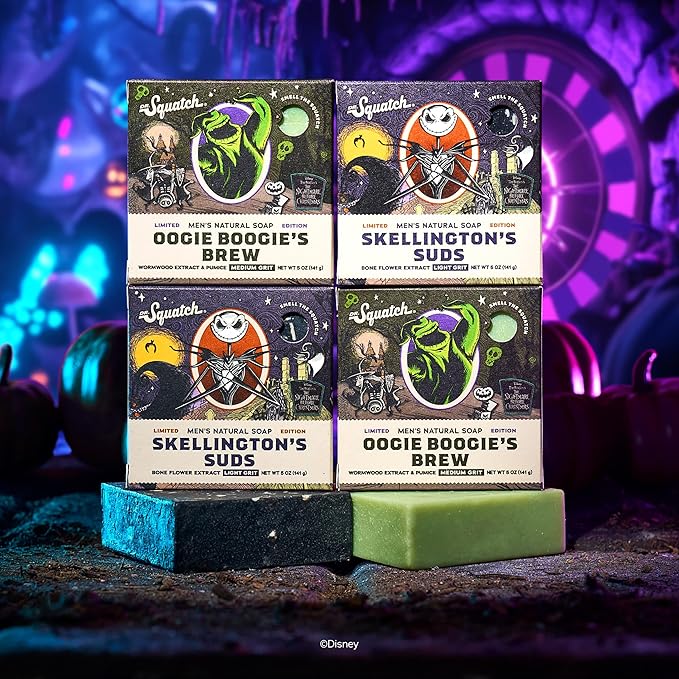 Dr. Squatch Nightmare Before Christmas Collection - Natural 4 Soap Gift Set - Cold Process Soap with No Harsh Chemicals - Skellington Suds, Oogie Boogie's Brew (4 Pack)