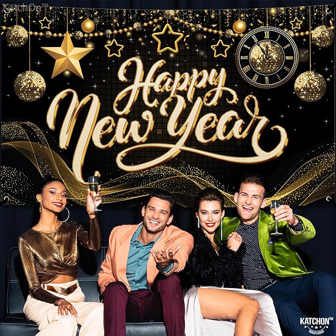 KatchOn, XtraLarge Happy New Year Banner - 72x44 Inch | Happy New Year Backdrop for Happy New Years Decorations 2026 | NYE Decorations 2026, New Years Eve Party Supplies 2026
