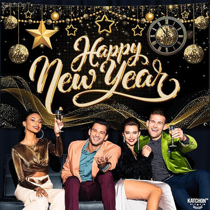KatchOn, XtraLarge Happy New Year Banner - 72x44 Inch | Happy New Year Backdrop for Happy New Years Decorations 2026 | NYE Decorations 2026, New Years Eve Party Supplies 2026
