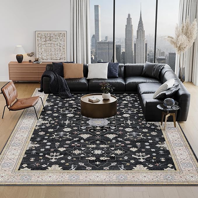 Large Rugs for Living Room, 8x10 Black Washable Rug for Bedroom, Soft Boho Indoor Carpets, Big Modern Kids Room Rug, Non-Slip Low Pile Mat for Office Home Dining Room Christmas Decor, Black/Gold