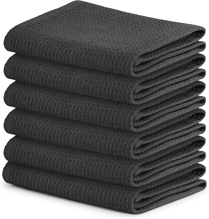 Blue Needles Waffle Weave Kitchen Towels, 15x25 Inches 100% Cotton Set of 6 Dish Towels for Kitchen, Ultra Soft & Absorbent with Hanging Loop, Spring Summer Dish Rags for Quick Drying - Black