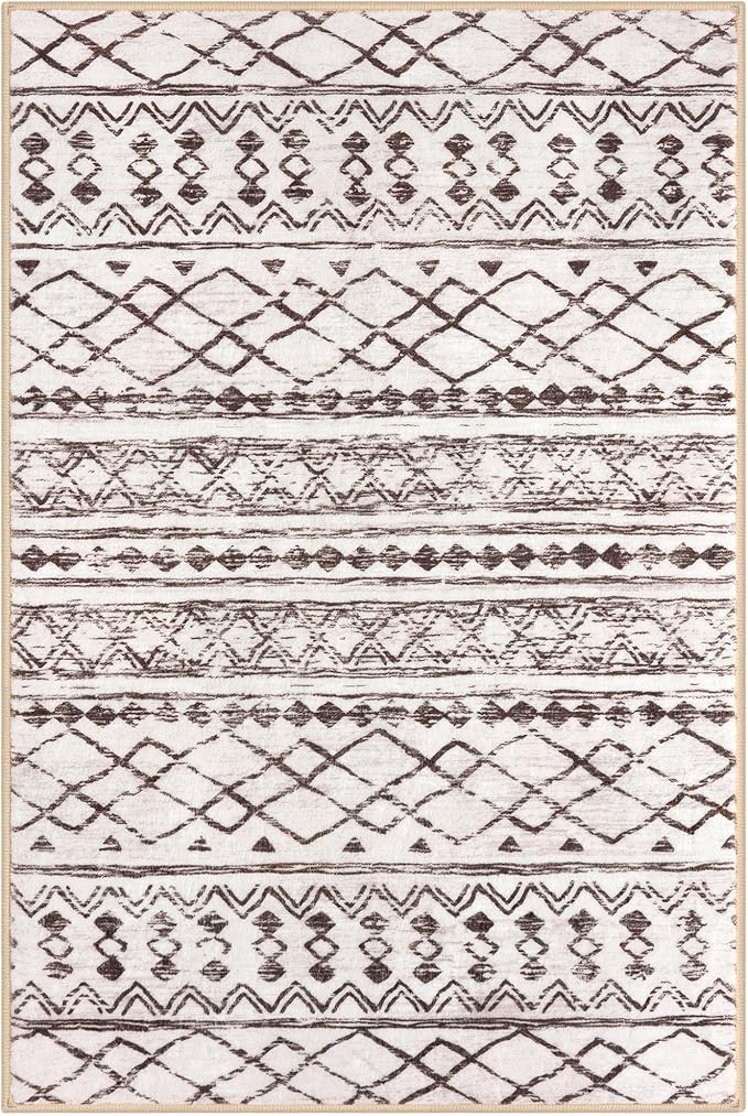 KUTA Moroccan Kitchen Rugs, 2x3 Brown Cream Entryway Rug Non-Slip Washable Small Indoor Door Mat, Ultra Soft Print Vintage Geometric Low-Pile Floor Carpet for Indoor, Entrance, Kitchen
