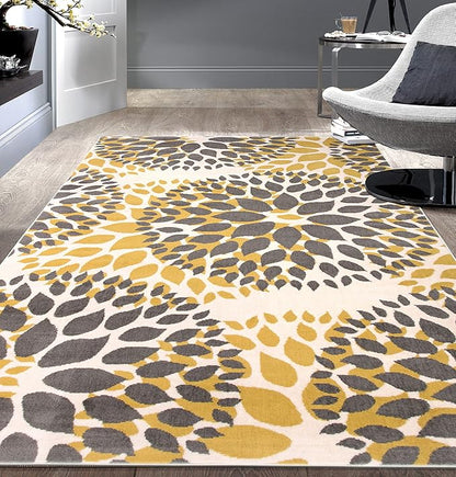 Rugshop Modern Yellow Floral Circles Design Area Rug – Elegant Non-Shedding, 5'x7' for Living Room, Bedroom, Dining Room, Kitchen