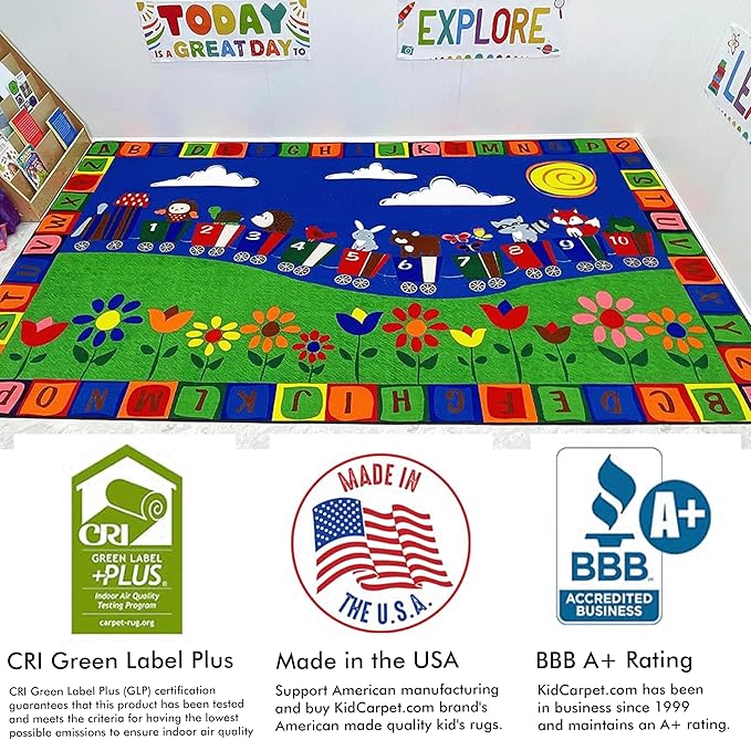On The Train Kid's Rug, 7'6" x 12', Multicolored, Educational Classroom Rug, Kids Learning Play Mat | Area Rug for Bedroom or Playroom
