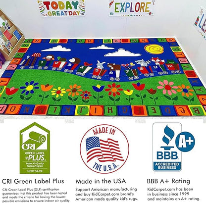 On The Train Kid's Rug 6' x 8'6", Multicolored Rectangle Kid Educational Learning Rug for School, Classroom, Learning Numbers & Alphabets for Kids Playroom