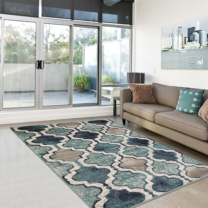 Superior Indoor Area Rug, Jute Backing, Modern Plush Rugs for Hallway, Living, Dining Room, Office, Kitchen, Geometric Trellis Floor Decor, Viking Collection, 8' 6" x 11' 6", Deep Royal