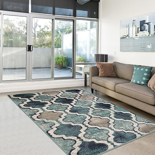 Superior Indoor Area Rug, Jute Backing, Modern Plush Rugs for Hallway, Living, Dining Room, Office, Kitchen, Geometric Trellis Floor Decor, Viking Collection, 8' 6" x 11' 6", Deep Royal