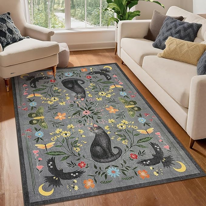 GarveeHome 4x6 Cat Washable Area Rug for Nursery Room, Mushroom Floral Grey Bedroom Rug Non Slip Low Pile Butterfly Carpet Stain Resistant Throw Rug for Dorm Kids Room Office Dining Room