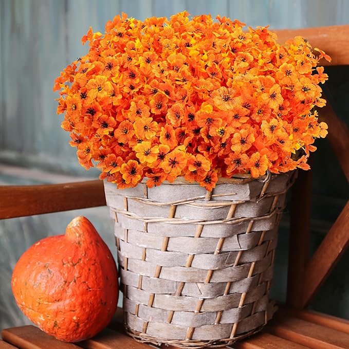 18 Bundles Artificial Mums for Outdoors/Indoors Faux Mums for Outdoor Planters, Eucalyptus Leaves Fall Flowers Artificial for Decoration Boxwood Garden Porch Window Home Wedding(Orange)