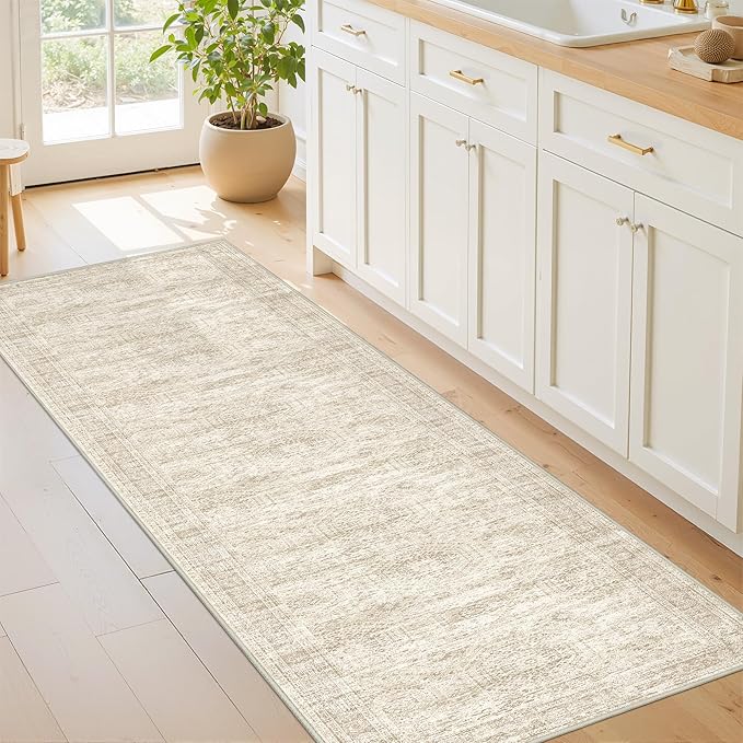 Rug Runners for Hallways Non Slip - 2x8 Runner Rug for Bedroom, Washable Runner with Rubber Backing, Soft Low-Pile Carpet for Kitchen, Laundry, Bathroom (2'x8', Beige/Ivory)