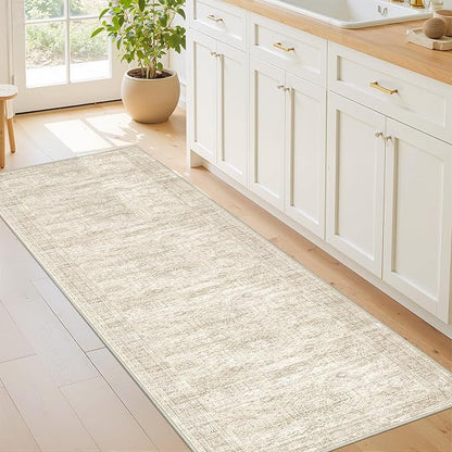 Rug Runners for Hallways Non Slip - 2x8 Runner Rug for Bedroom, Washable Runner with Rubber Backing, Soft Low-Pile Carpet for Kitchen, Laundry, Bathroom (2'x8', Beige/Ivory)
