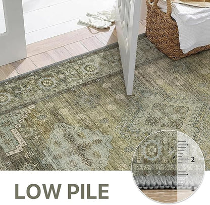 GENIMO Runner Rug 2x6 Non Slip Machine Washable Vintage Hallway Runner Rugs, Low Pile Lightweight Mat for Living Room, Entryway, Bedroom, Kitchen and Corridor, Distressed Sage