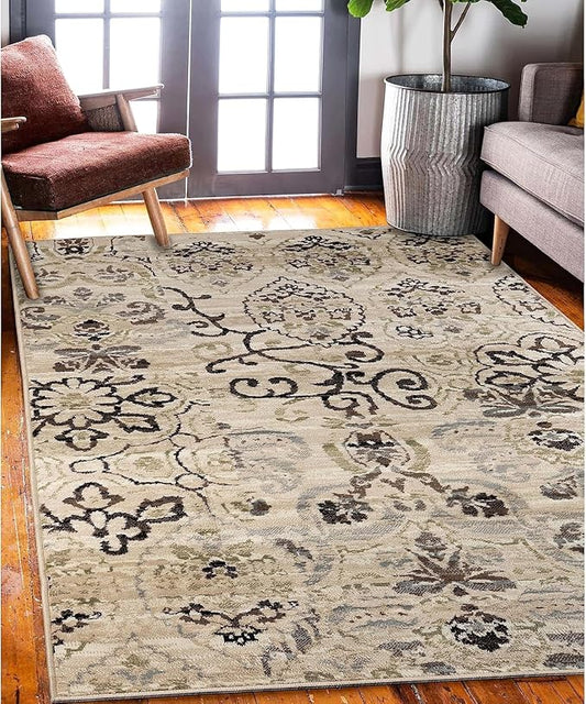 Superior Indoor Area Rug, Jute Backed, Perfect for Entryway, Office, Living/Dining Room, Bedroom, Kitchen, Hardwood Floor, Modern Floral Decor, Caldwell Collection, 6' x 9', Brown Beige