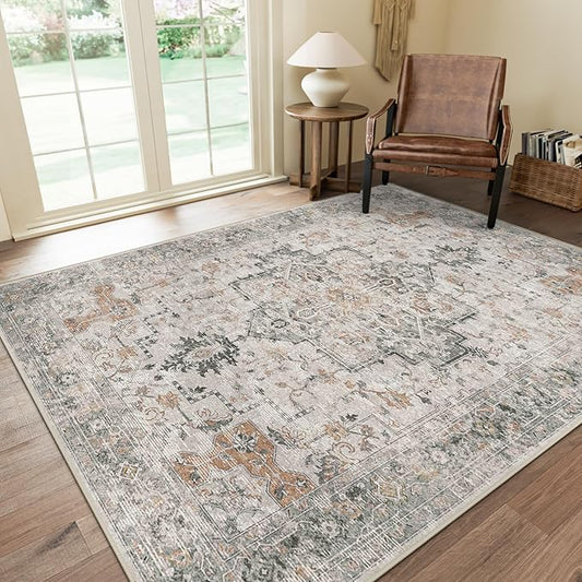 GENIMO 6x8 Area Rugs for Living Room, Non Slip Machine Washable Vintage Rugs, Low Pile Lightweight Chenille Print Large Rug for Bedroom, Dining Room, Home Office, Light Taupe Brown