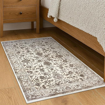 KILOCOCO Moroccan Small Area Rug 2x3 Entryway Rugs Printed Vintage Floral Washable Rug Non-Slip Kitchen Rug Indoor Door Mat, Accent Throw Small Rugs for Laundry Room Bedroom Entrance, Beige/Brown