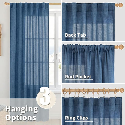 YoungsTex Navy Blue Linen Kitchen Window Curtains 40 Inch Length, Short Semi Sheer Drapes with Rod Pocket Back Tab Light Filtering Privacy for Cafe Bathroom Windows Over Sink, 2 Panels, 42 X 40 Inch