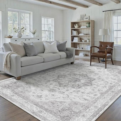 Grey Gray Area Rug 5x7 Washable Vintage Carpet for Living Room Office Soft Retro Low Pile Thin Indoor Rug Non Slip Oriental Medallion Floor Cover for Bedroom Dining Room