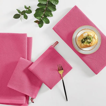Homaxy 100% Cotton Kitchen Towels and Dishcloths Set, 12 x 12 Inches and 13 x 28 Inches, Set of 12 Bulk Kitchen Towels Set, Ultra Soft Absorbent Dish Cloths for Washing Dishes, Hot Pink