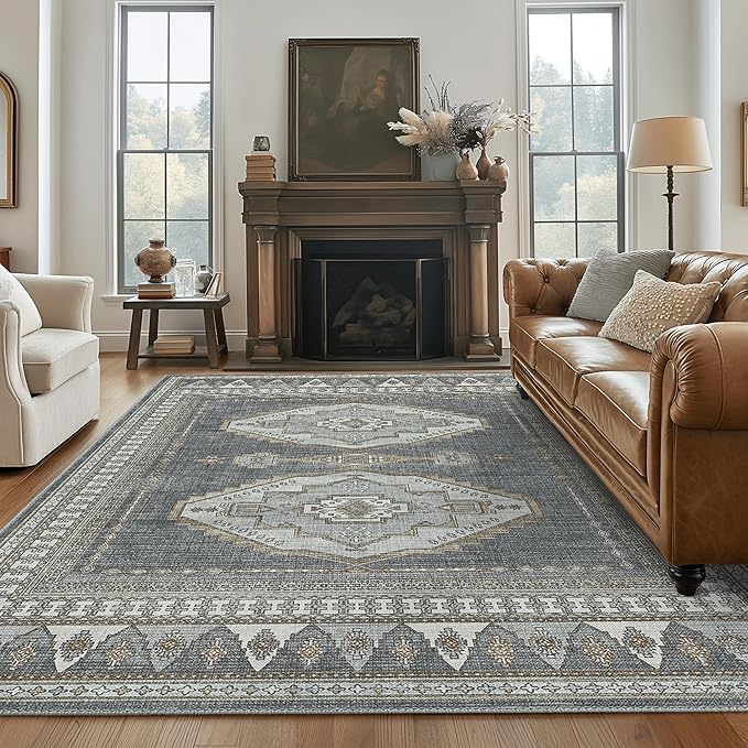 GENIMO Machine Washable 8x10 Area Rugs for Living Room, Non Slip Vintage Rugs, Low Pile Lightweight Chenille Print Rug for Bedroom, Dining Room, Home Office, Gray/Beige