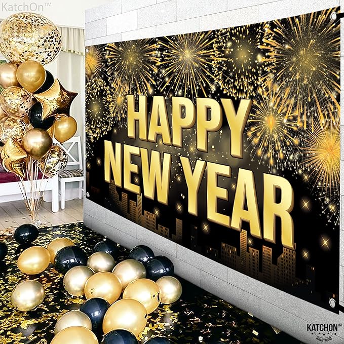 KatchOn, XtraLarge Happy New Year Banner - 72x44 Inch | Banner for New Year Party Night | New Years Eve Backdrop for NYE Decorations 2026 | New Years Decorations 2026, NYE Party Supplies 2026