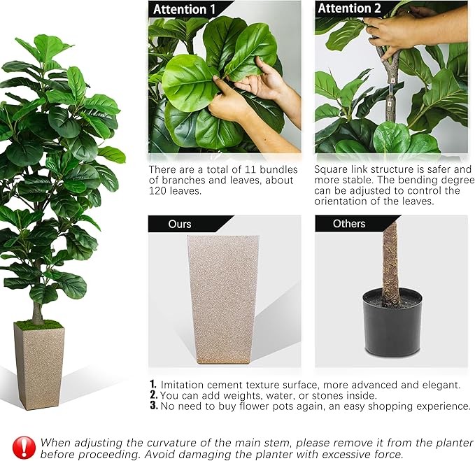 Artificial Fiddle Leaf Fig Tree 6ft, 6 Feet Large Tall Fake Plants Indoor with Modern Style Planter, Artificial Silk Tree for Home Office Living Room Decor Indoor, Lifelike & Lush (Champagne)