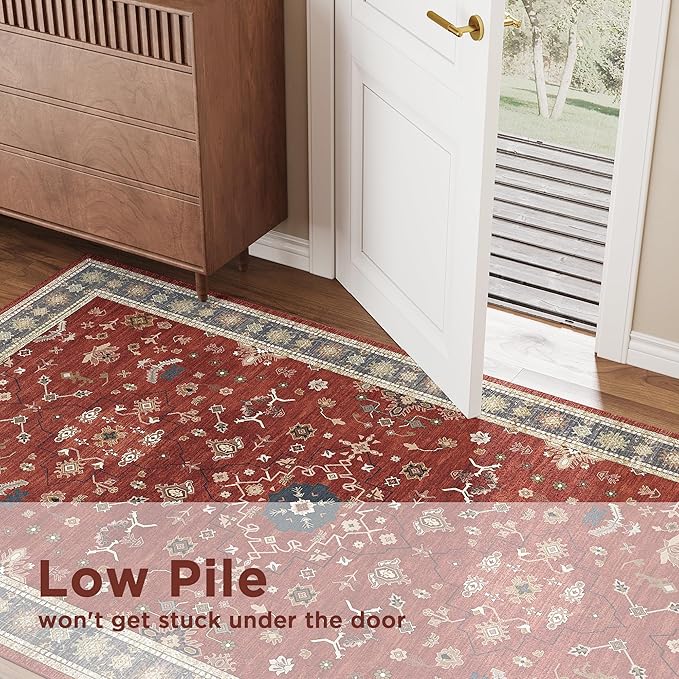 5x7 Washable Boho Rugs for Bedroom, Red Area Rug for Living Room, Soft Faux Wool Christmas Carpet for Kids Playroom Dorm Nursery Dining Room Office Home Laundry, Non Slip Low Pile Mat, Red/Gold