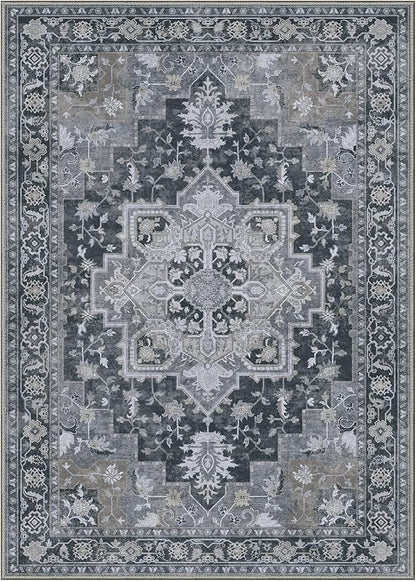GENIMO 7'6''x9'6'' Area Rugs for Living Room, Machine Washable Non Slip Vintage Rugs, Low Pile Lightweight Chenille Print Rug for Bedroom, Dining Room, Home Office,Dark Gray