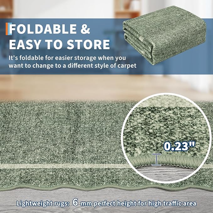 GarveeHome Scalloped Round Area Rugs, Washable Small Round Rug 3 ft Non-Slip, Soft Christmas Ultra-Thin Circle Solid Low Pile Stain Resistant Carpet for Bedroom Entryway Kitchen Laundry, Greyish Green