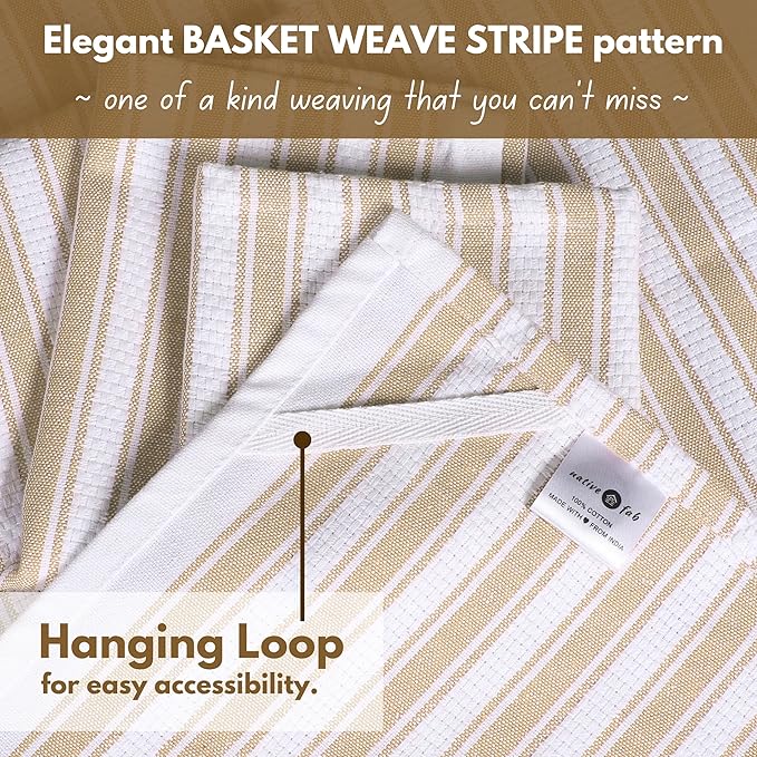 Native Fab 100% Cotton Beige Kitchen Towels - 16x26 inches - Set of 12 - Basket Weave Stripe Dish Towels for Cleaning, Drying Dishes, Absorbent Dish Cloths Set with Hanging Loop - Beige White