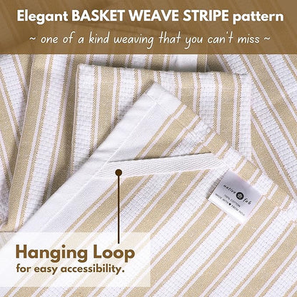 Native Fab 100% Cotton Beige Kitchen Towels - 16x26 inches - Set of 12 - Basket Weave Stripe Dish Towels for Cleaning, Drying Dishes, Absorbent Dish Cloths Set with Hanging Loop - Beige White