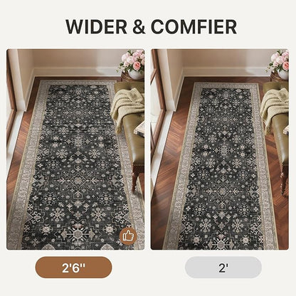 GENIMO 2'5x6 Runner Rug,Machine Washable Non-Slip Vintage Rugs,Low Pile Lightweight Carpet for Bedroom,Hallway,Entryway,Kitchen,Bathroom,Black